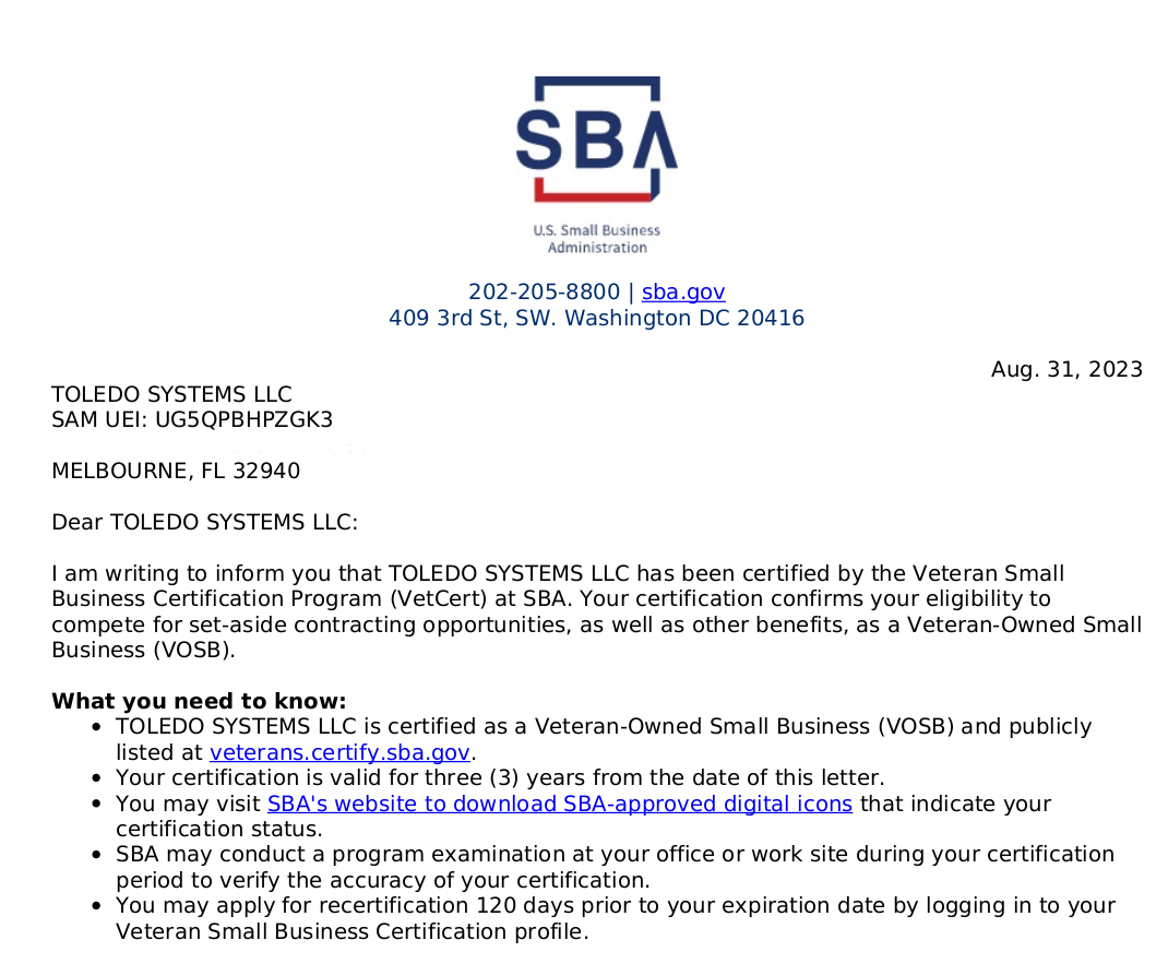 Toledo Systems Is Now A Certified SBA Contractor
